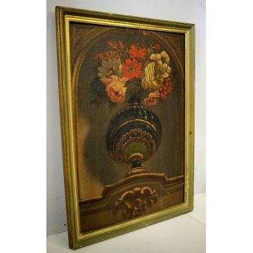 ANTICO DIPINTO OLIO TAVOLA COPPA BOUQUET VASO FIORI TROMPE L'OEIL NATURA MORTA 