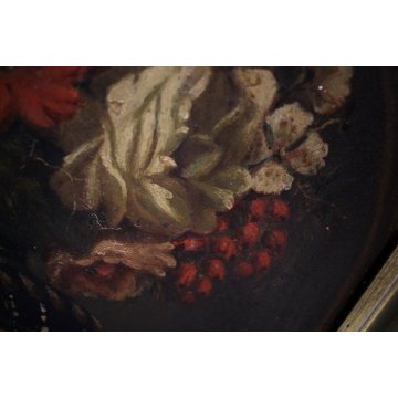 ANTICO DIPINTO OLIO TAVOLA COPPA BOUQUET VASO FIORI TROMPE L'OEIL NATURA MORTA 