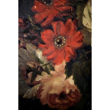 ANTICO DIPINTO OLIO TAVOLA COPPA BOUQUET VASO FIORI TROMPE L'OEIL NATURA MORTA 