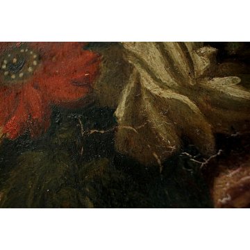 ANTICO DIPINTO OLIO TAVOLA COPPA BOUQUET VASO FIORI TROMPE L'OEIL NATURA MORTA 