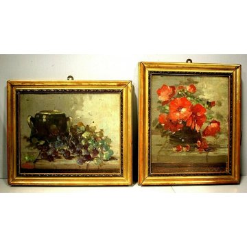 COPPIA DIPINTO OLIO TAVOLA NATURA MORTA FIORI FRUTTA PAPAVERI UVA STILL LIFE 900
