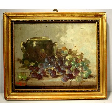 COPPIA DIPINTO OLIO TAVOLA NATURA MORTA FIORI FRUTTA PAPAVERI UVA STILL LIFE 900