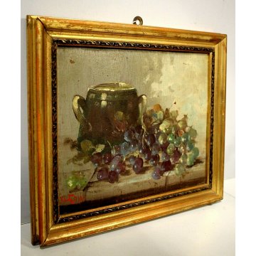 COPPIA DIPINTO OLIO TAVOLA NATURA MORTA FIORI FRUTTA PAPAVERI UVA STILL LIFE 900