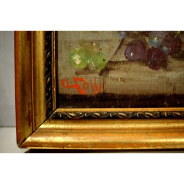 COPPIA DIPINTO OLIO TAVOLA NATURA MORTA FIORI FRUTTA PAPAVERI UVA STILL LIFE 900