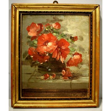 COPPIA DIPINTO OLIO TAVOLA NATURA MORTA FIORI FRUTTA PAPAVERI UVA STILL LIFE 900