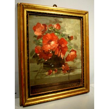 COPPIA DIPINTO OLIO TAVOLA NATURA MORTA FIORI FRUTTA PAPAVERI UVA STILL LIFE 900