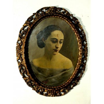 ANTICO QUADRO RITRATTO OVALE GIOVANE DONNA ARISTOCRATICA CORNICE ORO INTAGLIATA 