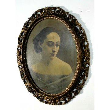 ANTICO QUADRO RITRATTO OVALE GIOVANE DONNA ARISTOCRATICA CORNICE ORO INTAGLIATA 