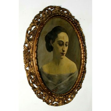ANTICO QUADRO RITRATTO OVALE GIOVANE DONNA ARISTOCRATICA CORNICE ORO INTAGLIATA 