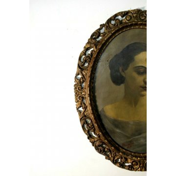 ANTICO QUADRO RITRATTO OVALE GIOVANE DONNA ARISTOCRATICA CORNICE ORO INTAGLIATA 