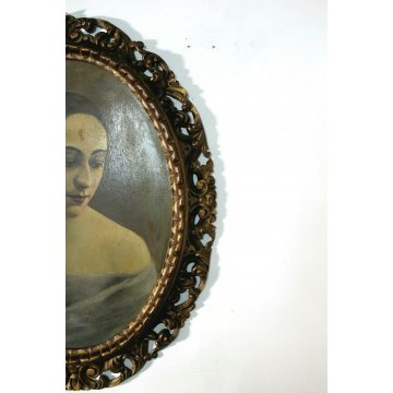 ANTICO QUADRO RITRATTO OVALE GIOVANE DONNA ARISTOCRATICA CORNICE ORO INTAGLIATA 