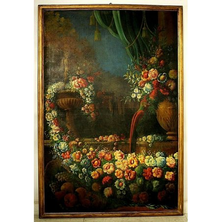 GRANDE QUADRO OLIO NATURA MORTA con PAESAGGIO GIARDINO BAROCCO FIORI FRUTTA '800