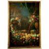 GRANDE QUADRO OLIO NATURA MORTA con PAESAGGIO GIARDINO BAROCCO FIORI FRUTTA '800