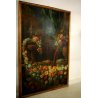 GRANDE QUADRO OLIO NATURA MORTA con PAESAGGIO GIARDINO BAROCCO FIORI FRUTTA '800