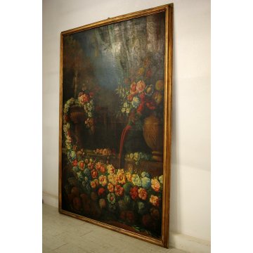 GRANDE QUADRO OLIO NATURA MORTA con PAESAGGIO GIARDINO BAROCCO FIORI FRUTTA '800