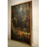 GRANDE QUADRO OLIO NATURA MORTA con PAESAGGIO GIARDINO BAROCCO FIORI FRUTTA '800