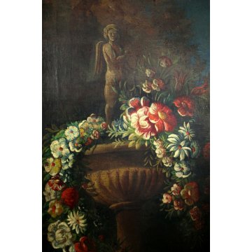GRANDE QUADRO OLIO NATURA MORTA con PAESAGGIO GIARDINO BAROCCO FIORI FRUTTA '800