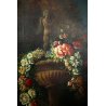 GRANDE QUADRO OLIO NATURA MORTA con PAESAGGIO GIARDINO BAROCCO FIORI FRUTTA '800