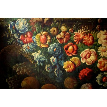 GRANDE QUADRO OLIO NATURA MORTA con PAESAGGIO GIARDINO BAROCCO FIORI FRUTTA '800