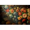 GRANDE QUADRO OLIO NATURA MORTA con PAESAGGIO GIARDINO BAROCCO FIORI FRUTTA '800