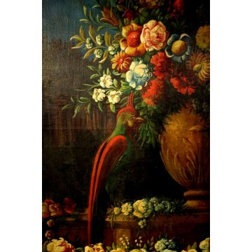 GRANDE QUADRO OLIO NATURA MORTA con PAESAGGIO GIARDINO BAROCCO FIORI FRUTTA '800
