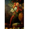 GRANDE QUADRO OLIO NATURA MORTA con PAESAGGIO GIARDINO BAROCCO FIORI FRUTTA '800