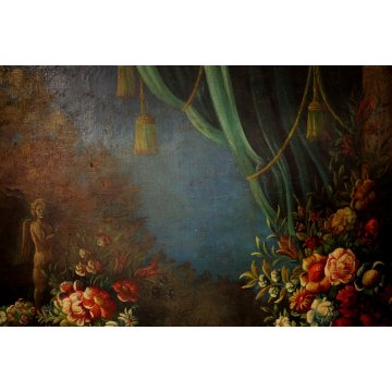 GRANDE QUADRO OLIO NATURA MORTA con PAESAGGIO GIARDINO BAROCCO FIORI FRUTTA '800
