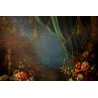 GRANDE QUADRO OLIO NATURA MORTA con PAESAGGIO GIARDINO BAROCCO FIORI FRUTTA '800
