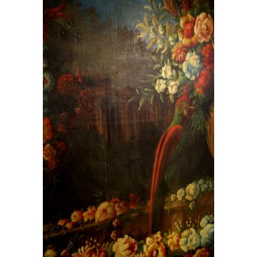GRANDE QUADRO OLIO NATURA MORTA con PAESAGGIO GIARDINO BAROCCO FIORI FRUTTA '800