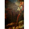 GRANDE QUADRO OLIO NATURA MORTA con PAESAGGIO GIARDINO BAROCCO FIORI FRUTTA '800