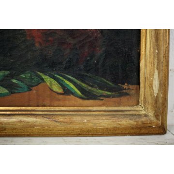 GRANDE QUADRO OLIO NATURA MORTA con PAESAGGIO GIARDINO BAROCCO FIORI FRUTTA '800