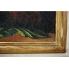 GRANDE QUADRO OLIO NATURA MORTA con PAESAGGIO GIARDINO BAROCCO FIORI FRUTTA '800