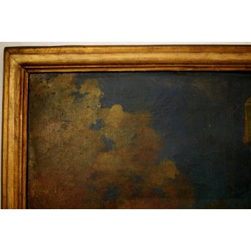 GRANDE QUADRO OLIO NATURA MORTA con PAESAGGIO GIARDINO BAROCCO FIORI FRUTTA '800