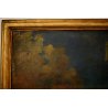 GRANDE QUADRO OLIO NATURA MORTA con PAESAGGIO GIARDINO BAROCCO FIORI FRUTTA '800