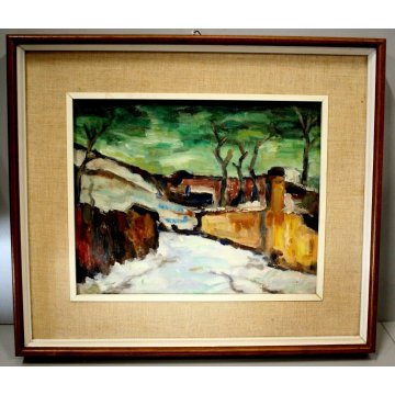 ANTICO QUADRO DIPINTO OLIO TAVOLA Gigi Cuniolo Paesaggio invernale NEVE TORTONA