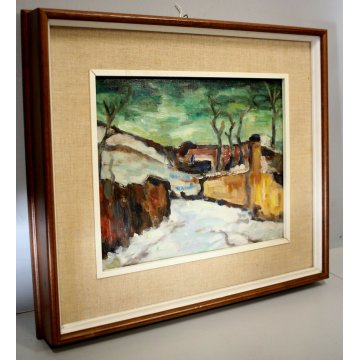ANTICO QUADRO DIPINTO OLIO TAVOLA Gigi Cuniolo Paesaggio invernale NEVE TORTONA