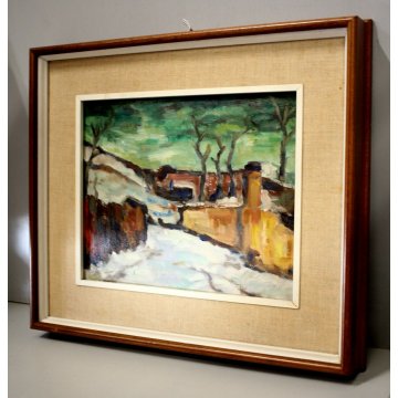 ANTICO QUADRO DIPINTO OLIO TAVOLA Gigi Cuniolo Paesaggio invernale NEVE TORTONA
