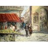 ANTICO QUADRO DIPINTO OLIO TAVOLA D. Bianchi SCENA CITTADINA MERCATO VENDITORE