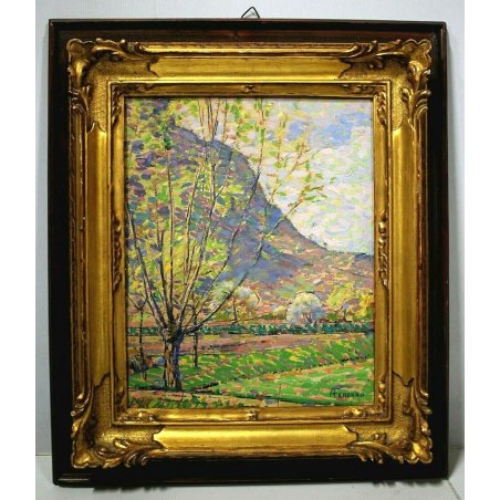 ANTICO DIPINTO OLIO A.Ferrero "Au pied du Salève" PAESAGGIO GINEVRA SWISS 1937