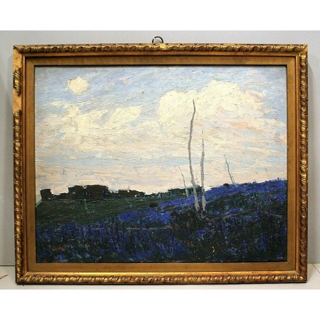 ANTICO QUADRO DIPINTO OLIO TAVOLA Guido Cinotti PAESAGGIO ASTRATTO TRAMONTO BLU 