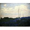ANTICO QUADRO DIPINTO OLIO TAVOLA Guido Cinotti PAESAGGIO ASTRATTO TRAMONTO BLU 