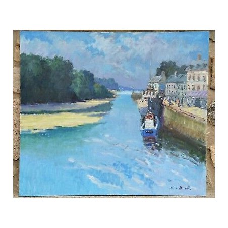 GRANDE ANTICO QUADRO PAESAGGIO DINO ALIBERTI MARINA BRETAGNA PORT-RHU OLIO TELA