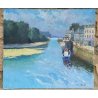 GRANDE ANTICO QUADRO PAESAGGIO DINO ALIBERTI MARINA BRETAGNA PORT-RHU OLIO TELA