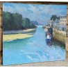 GRANDE ANTICO QUADRO PAESAGGIO DINO ALIBERTI MARINA BRETAGNA PORT-RHU OLIO TELA