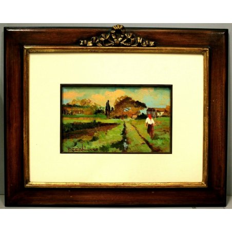 ANTICO QUADRO OLIO TAVOLA Cecchi Wladimiro CAMPAGNA PISANA PAESAGGIO MACCHIAIOLO