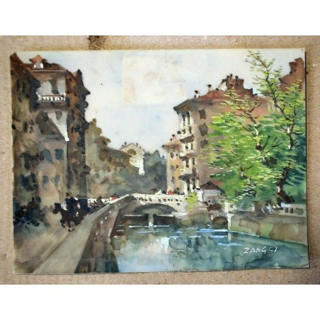 ANTICO QUADRO ACQUERELLO Fortunato Zangli VECCHIA MILANO NAVIGLIO PONTE CANALE