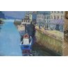 GRANDE ANTICO QUADRO PAESAGGIO DINO ALIBERTI MARINA BRETAGNA PORT-RHU OLIO TELA