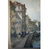 ANTICO QUADRO ACQUERELLO Fortunato Zangli VECCHIA MILANO NAVIGLIO PONTE CANALE