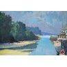 GRANDE ANTICO QUADRO PAESAGGIO DINO ALIBERTI MARINA BRETAGNA PORT-RHU OLIO TELA