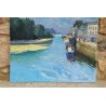 GRANDE ANTICO QUADRO PAESAGGIO DINO ALIBERTI MARINA BRETAGNA PORT-RHU OLIO TELA